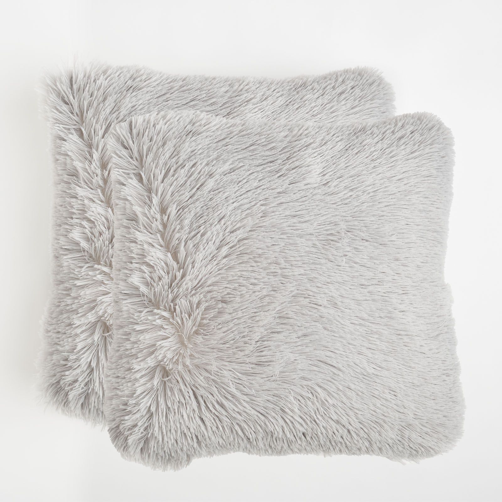 OHS Set of 2 Fluffy Shaggy Filled Cushion with Cover Square in Silver