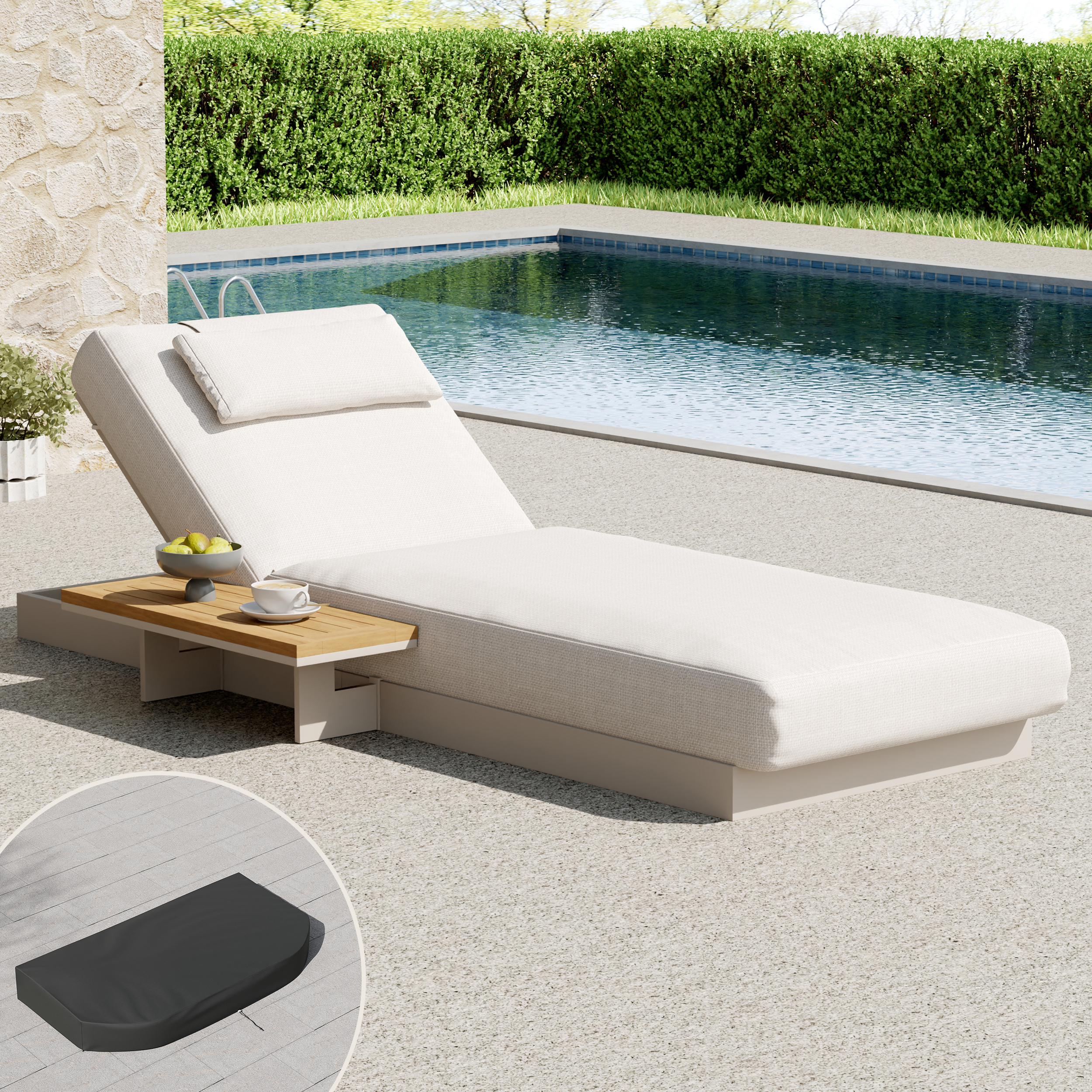 Tevara Single Sand Teak & Aluminium Adjustable Outdoor Chaise Lounge with Black Cover