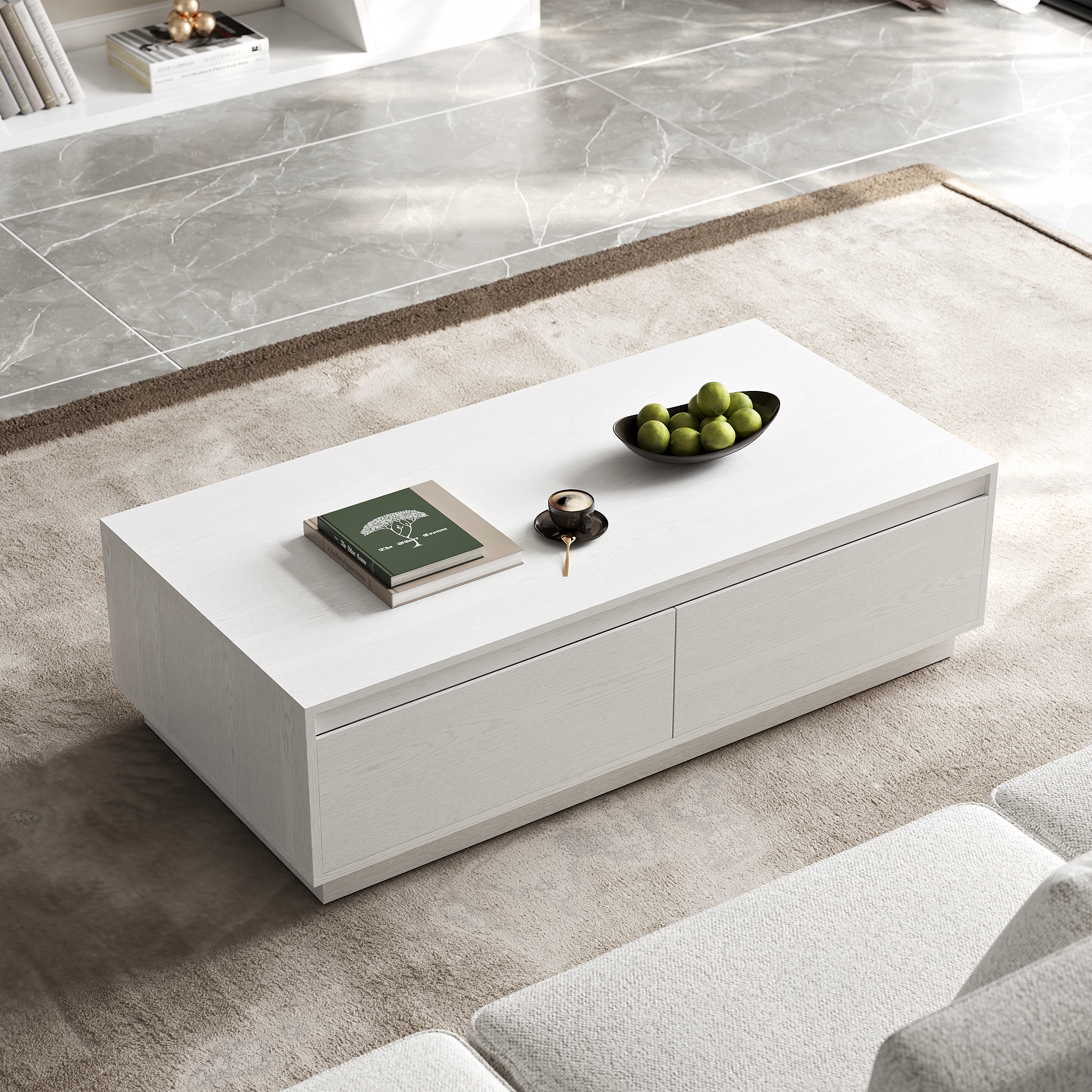 1200mm Mid Century Modern White Coffee Table Rectangular Block Living Room Table with Storage