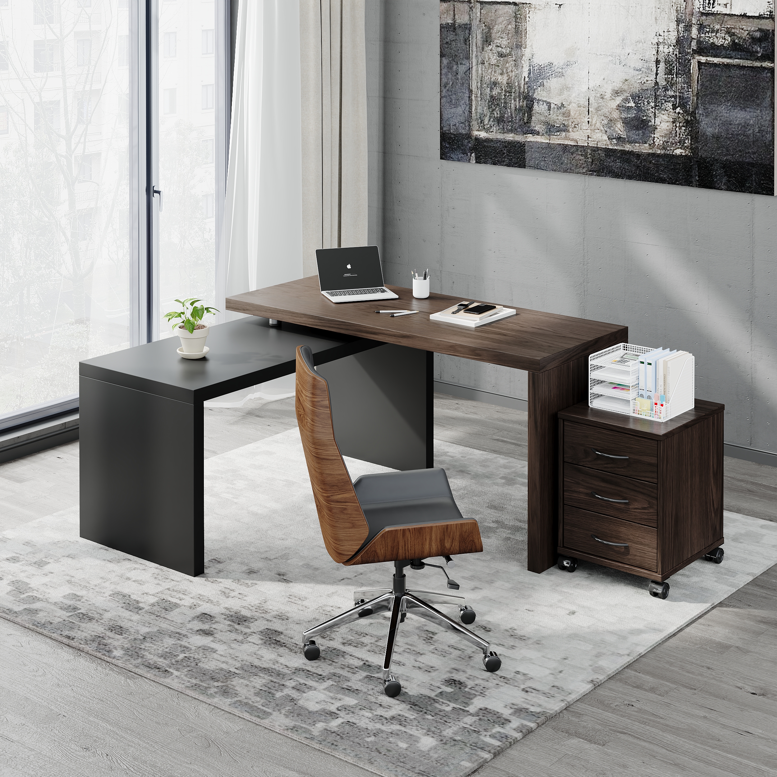 Modern L Shaped Executive Office Desk with with Movable File Cabinet Black & Walnut Swivel Desk Office Furniture (150 cm )
