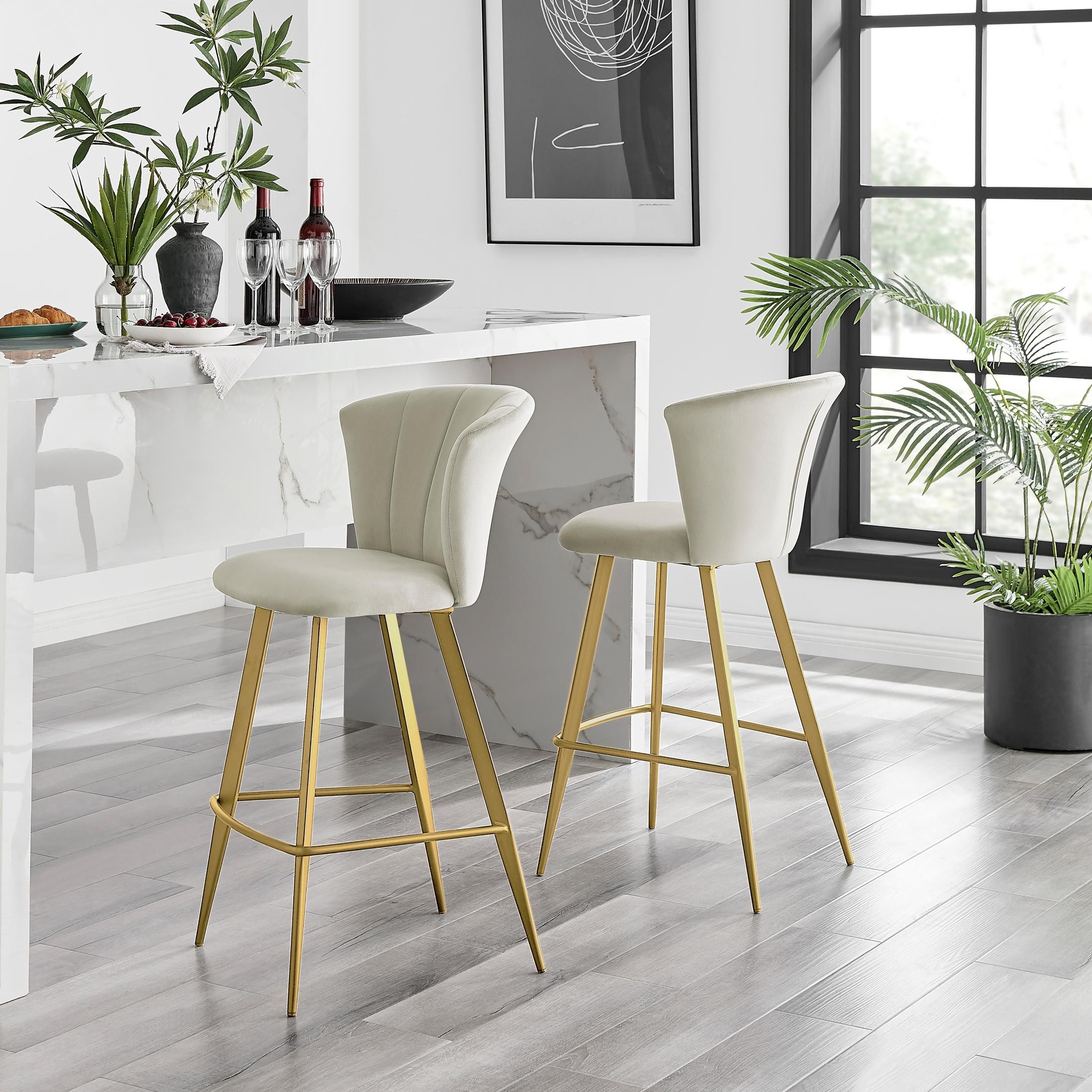 FurnitureboxUK Set of 2 Juniper Soft Touch Velvet Fluted Art Deco Counter Stools With Gold Chrome Metal Legs in Beige