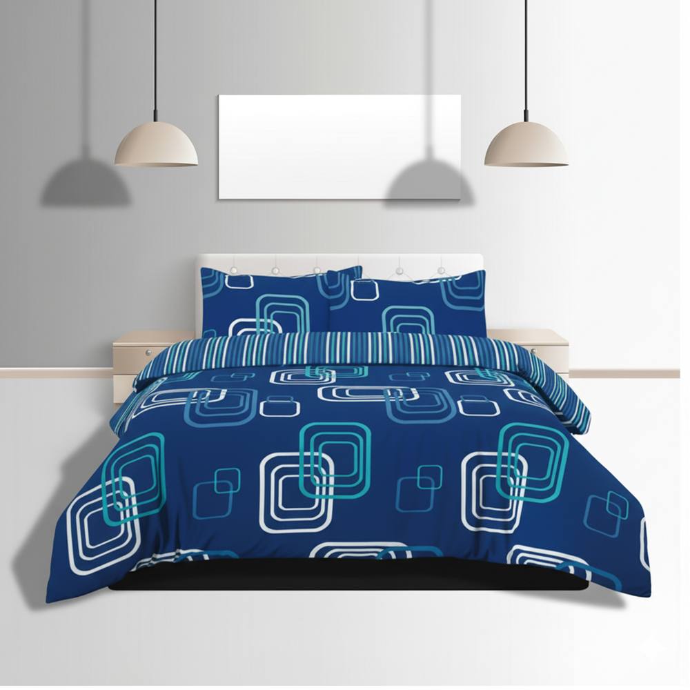 Snug City Duvet Cover & Pillowcase Set Geometric Square Design Bed Linen in Blue
