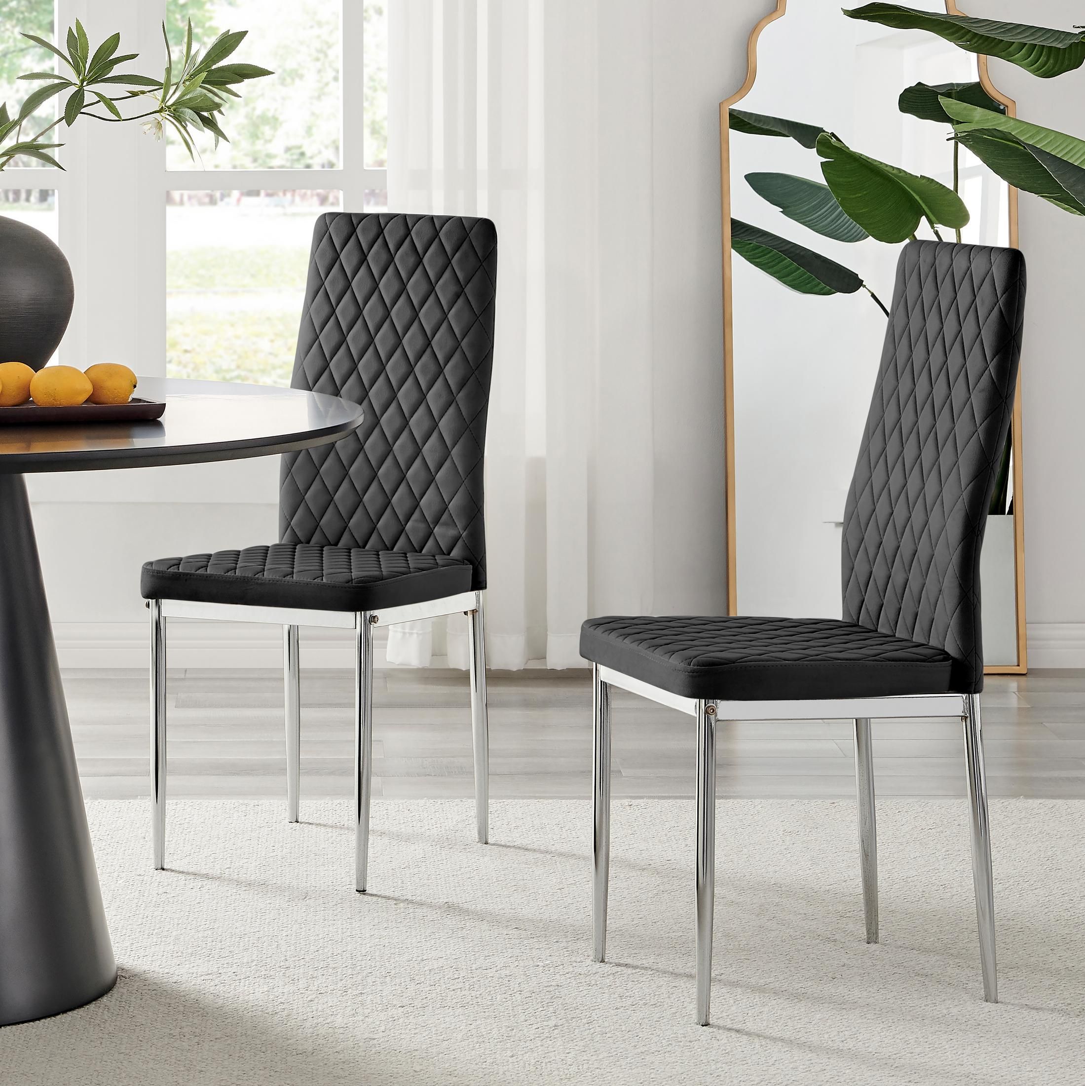 FurnitureboxUK Set of 4 Milan High Back Soft Touch Diamond Pattern Velvet Dining Chairs With Silver Chrome Metal Legs in Black