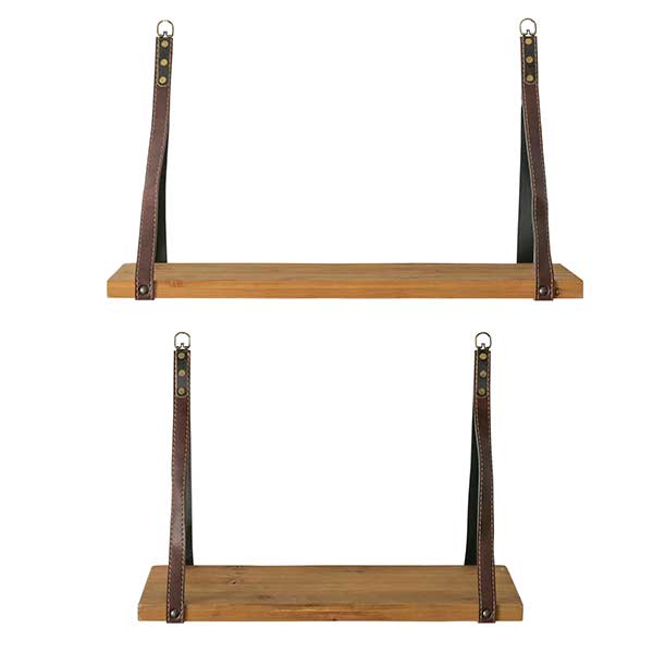 Pair of Hanging Wood Shelves with Leather brackets