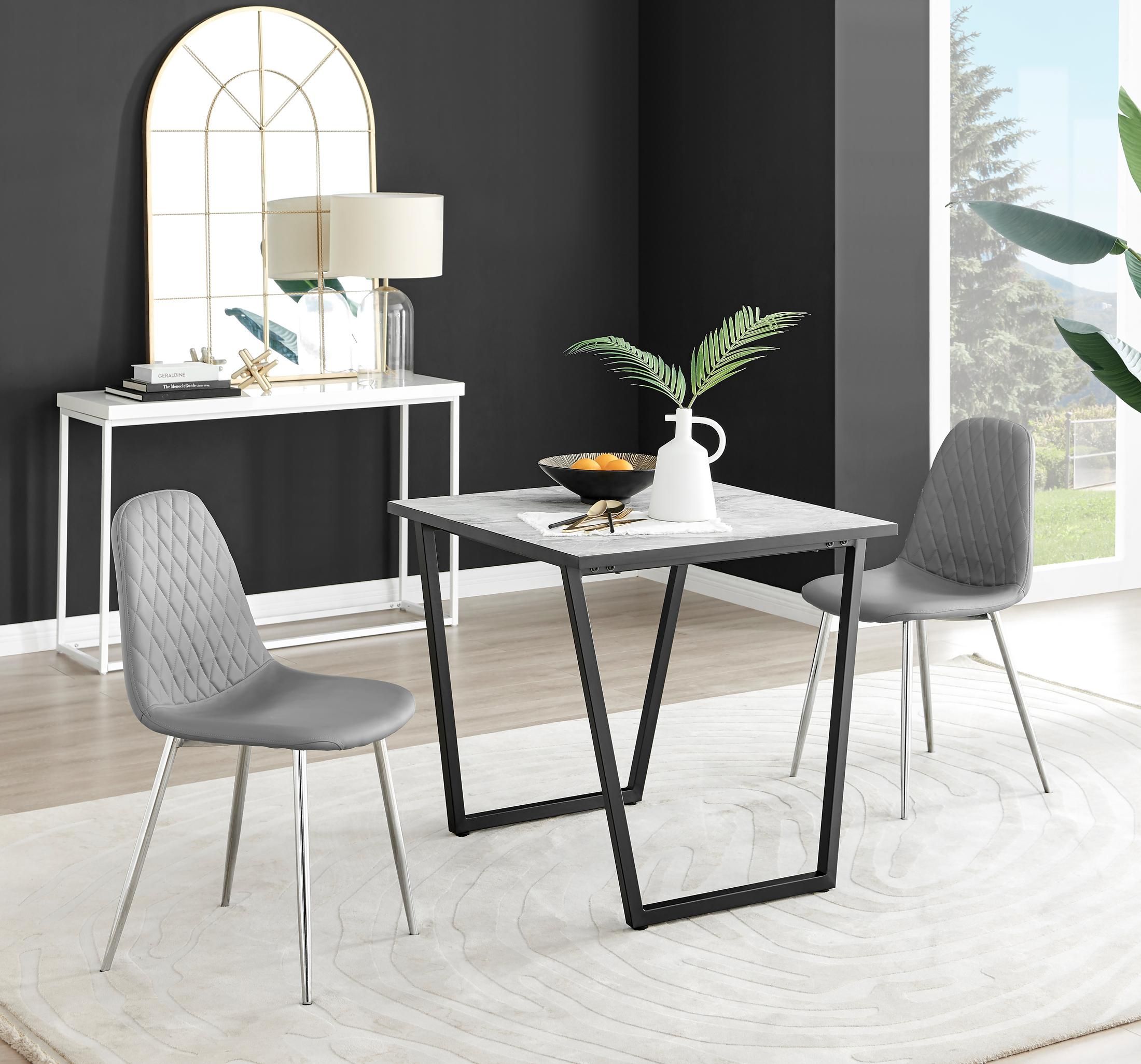 FurnitureboxUK Carson White Marble Effect Square Dining Table & 2 Faux Leather Corona Silver Chairs in Grey