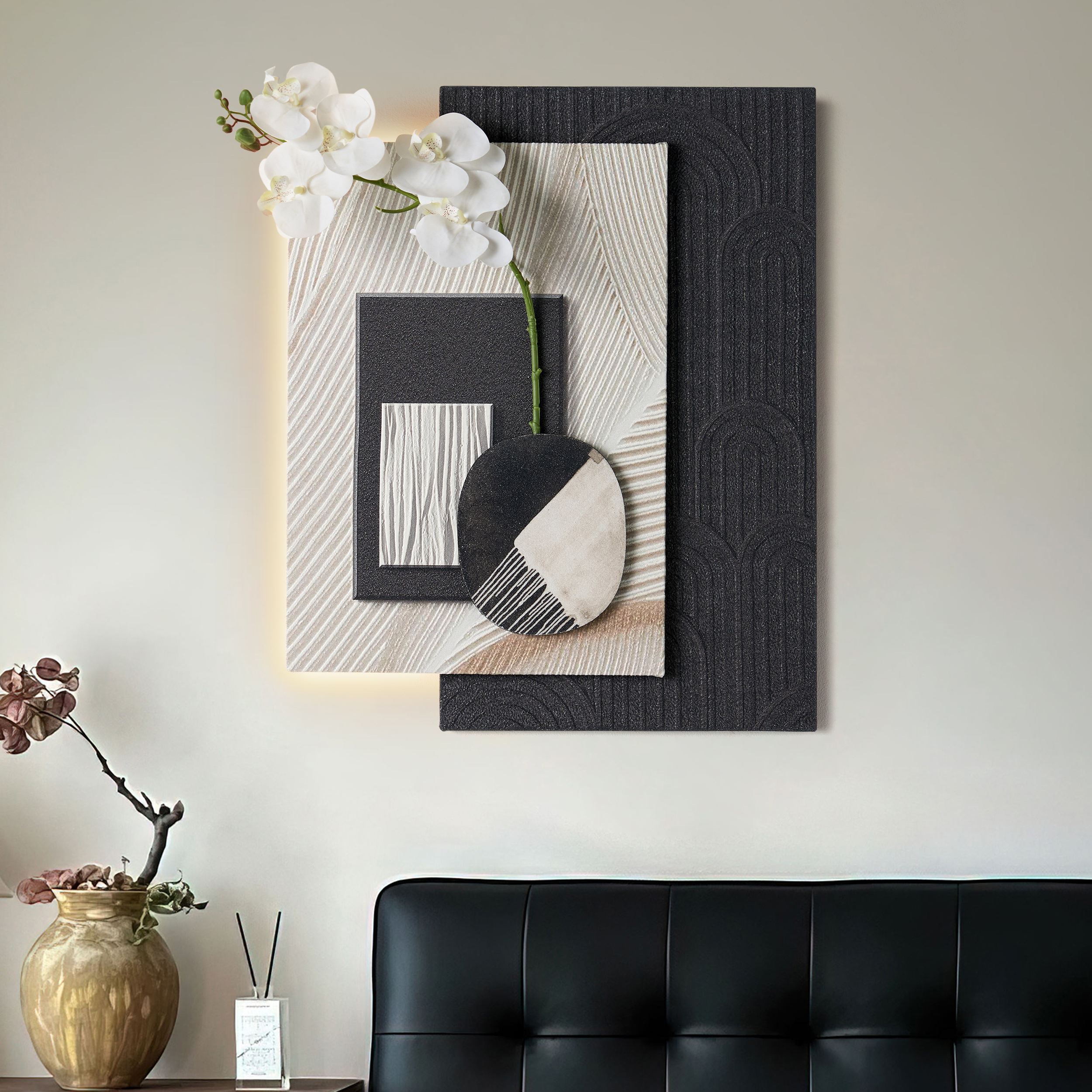 Modern Black & White Wall Art with LED Warm Light & Faux Orchid – 600mm x 490mm