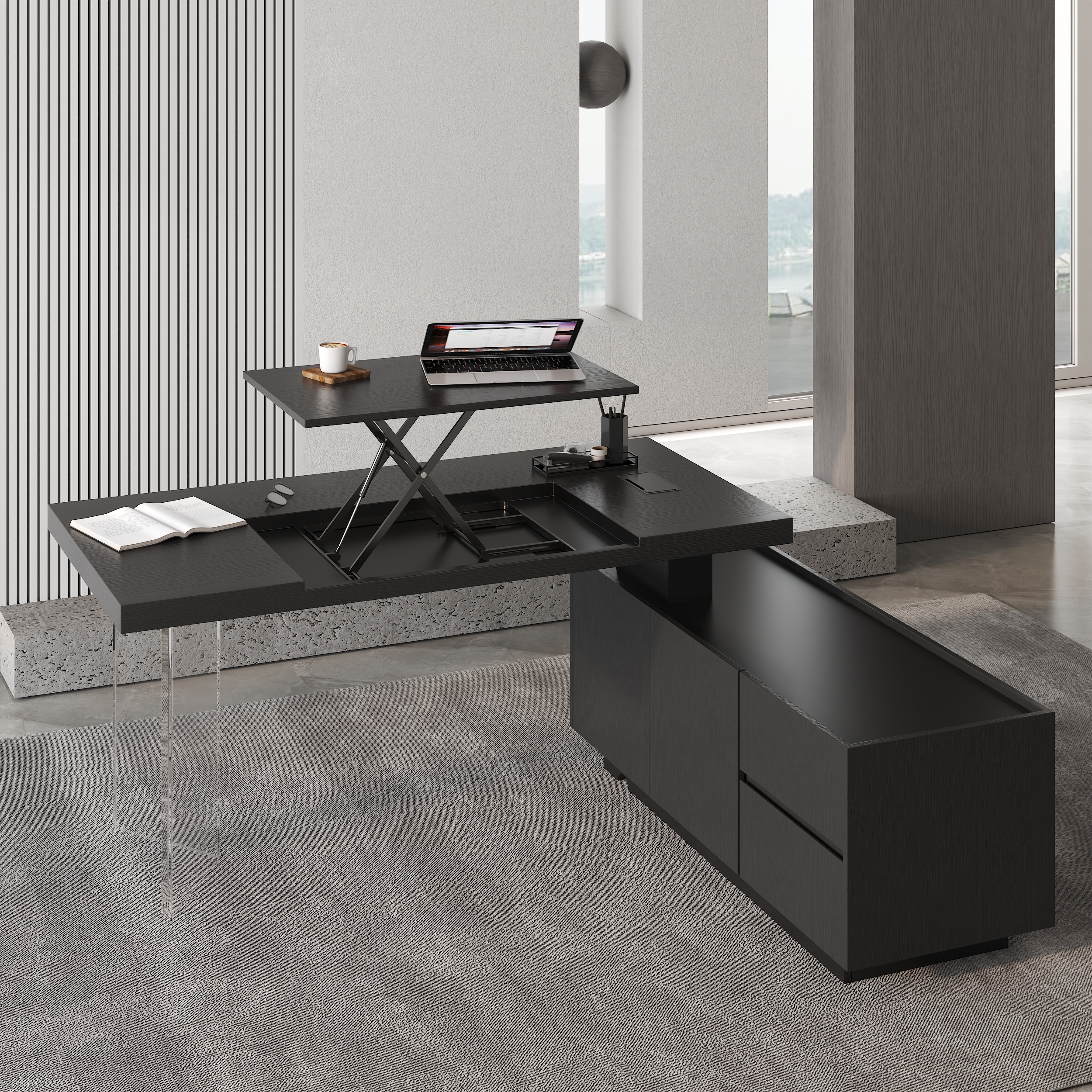 L Shaped Executive Office Desk Standing Desktop with Side Cabinet and lifter Desktop Right Hand(180 cm)