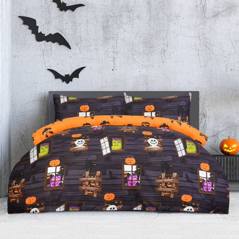 Smart Living Luxury Soft Reversible Haunted House Duvet Cover & Pillowcases in Charcoal