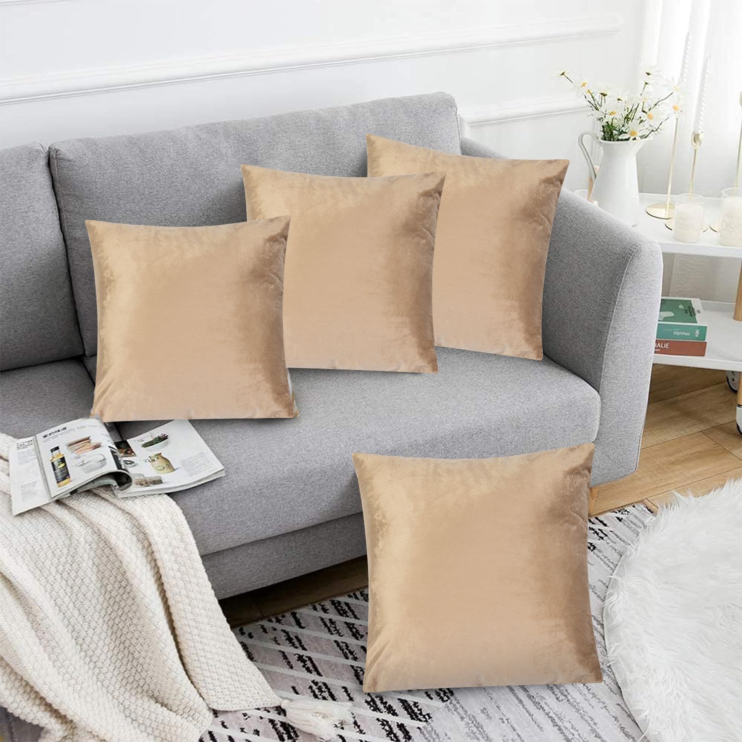 Luxury Living Luxurious Velvet Cushions Set of 4 - Soft Plush Fibre Pads, Vibrant Colours for Sofa & Bed Décor in Beige