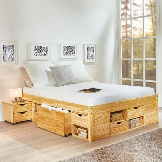 Claas Wooden Functional Super King Size Bed In Natural Oak