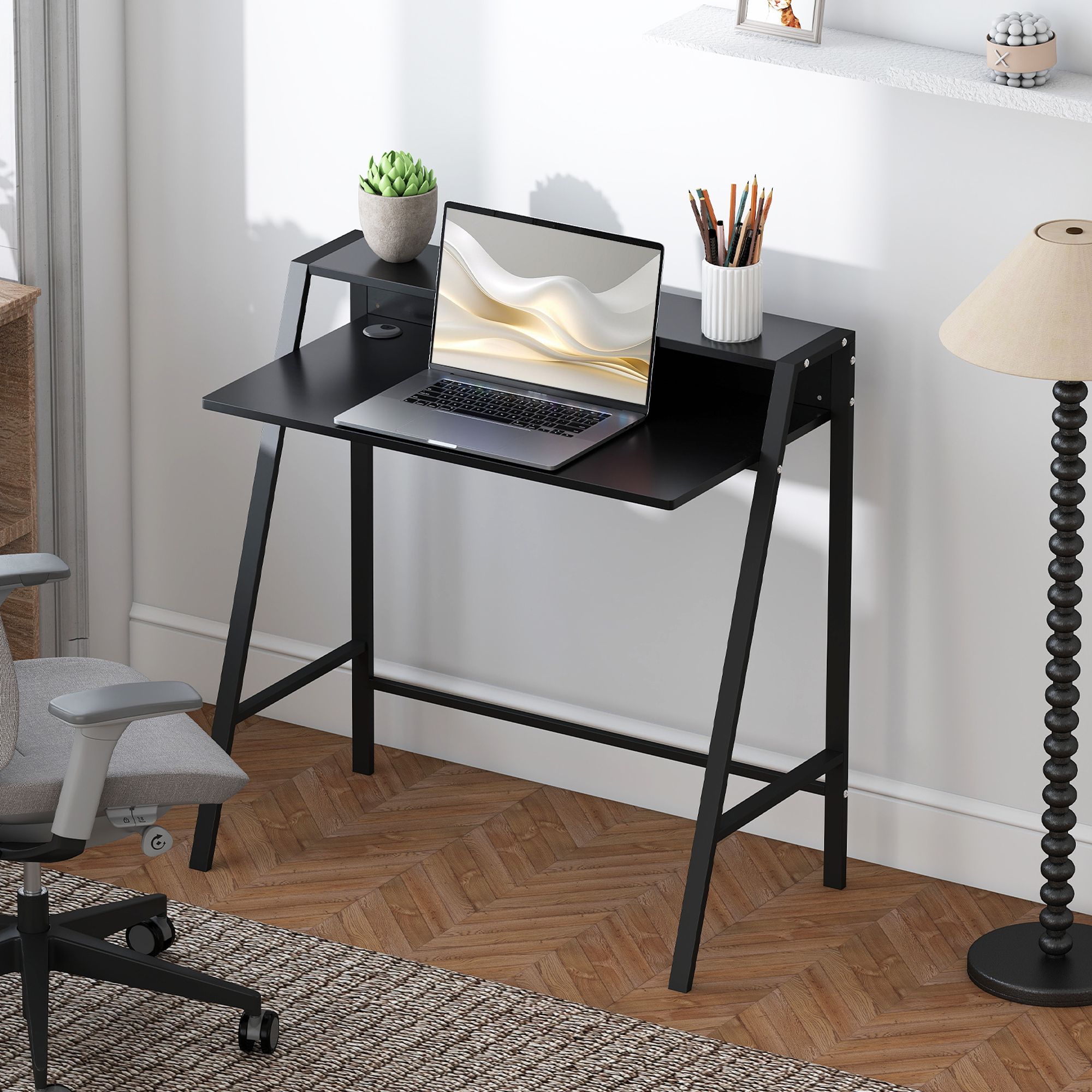 HOMCOM 2-Tier Storage Computer Workstation with Shelf, Metal Frame in Black