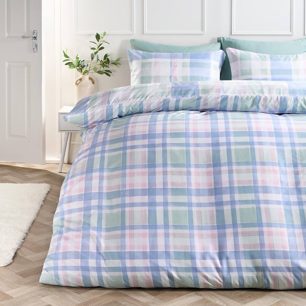 OHS Watercolour Check Reversible Microfibre Duvet Cover Bedding Set in Blue