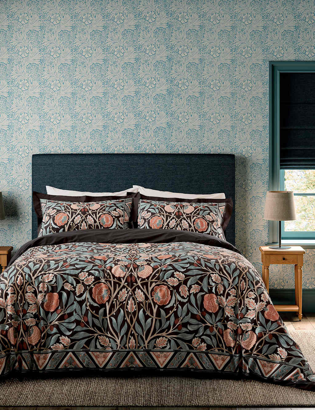 Morris & Co Pure Cotton Olive and Rose Bedding Set Indigo Mix