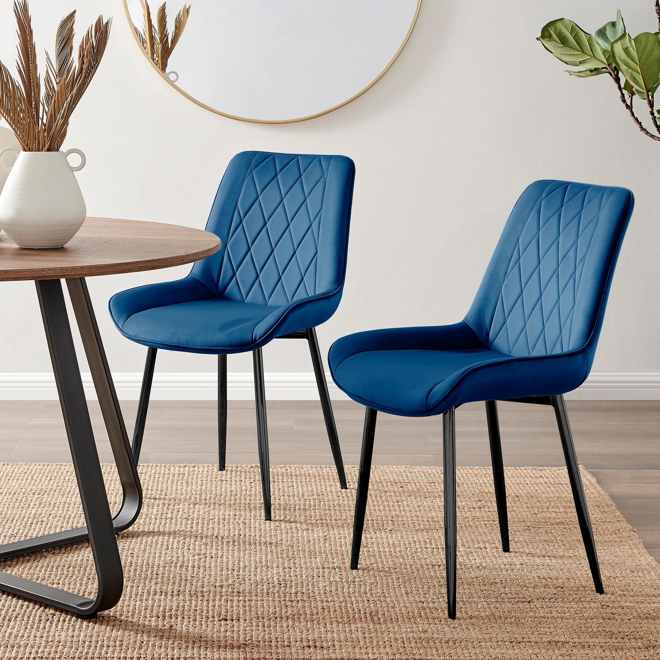 FurnitureboxUK Set of 2 Pesaro Luxury Velvet Dining Chairs With Diamond Stitched Back & Black Metal Legs in Navy