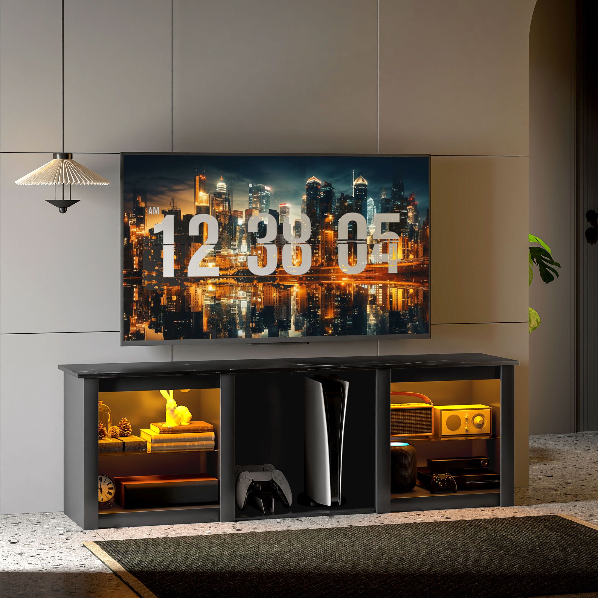 HOMCOM 160cm TV Unit w/ LED Lights for 70" TV Modern TV Stand Cabinet Black