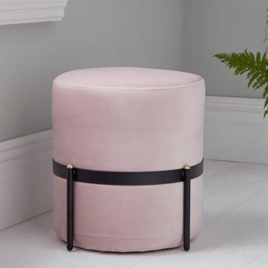 Bismarck Round Velvet Stool In Pastel Pink With Metal Frame