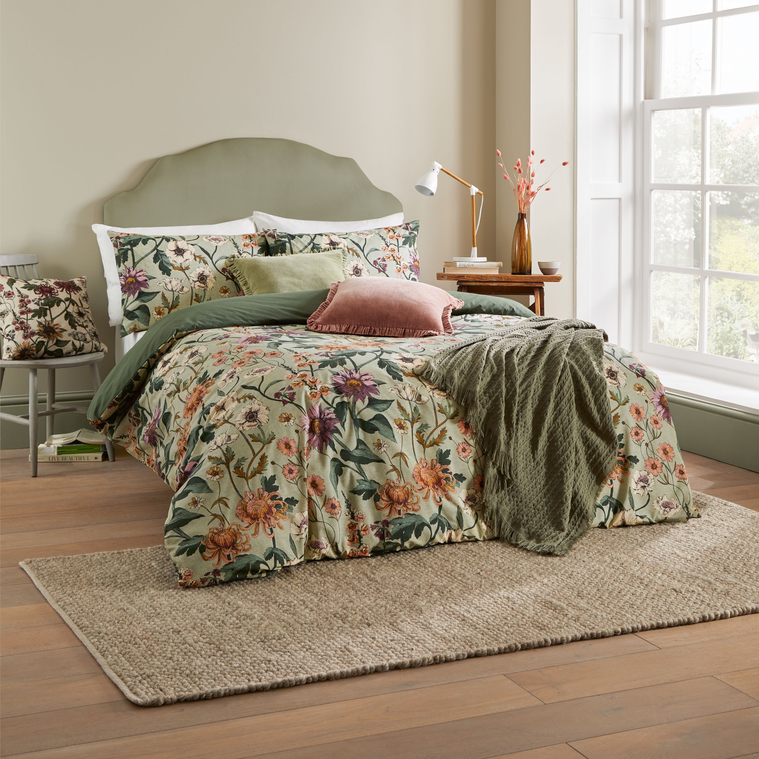 Wylder Nature Wallflower Slub Cotton Floral Duvet Cover Set in Green