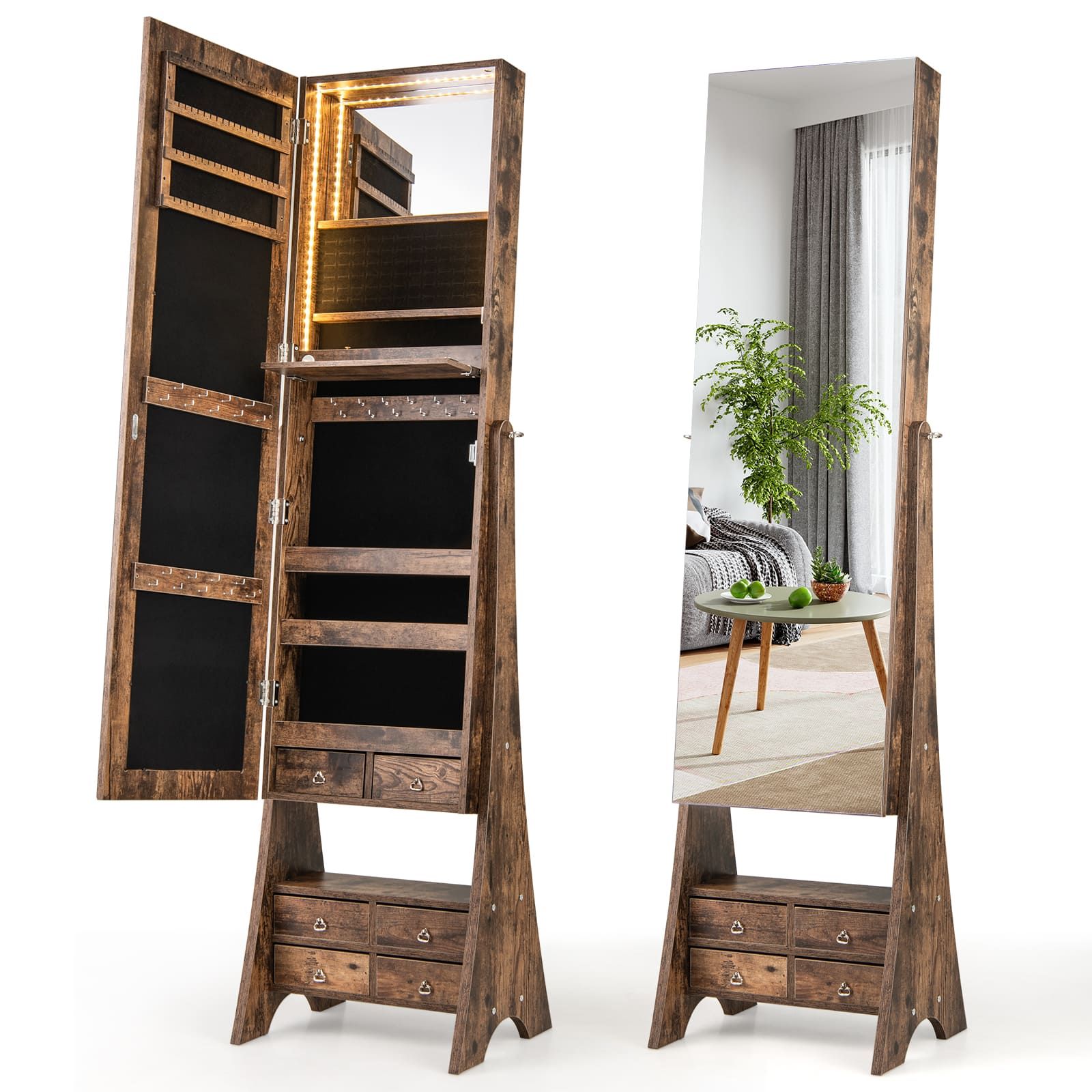 Costway Jewelry Cabinet 3-color LED Lighted Jewelry Organizer Armoire in Brown