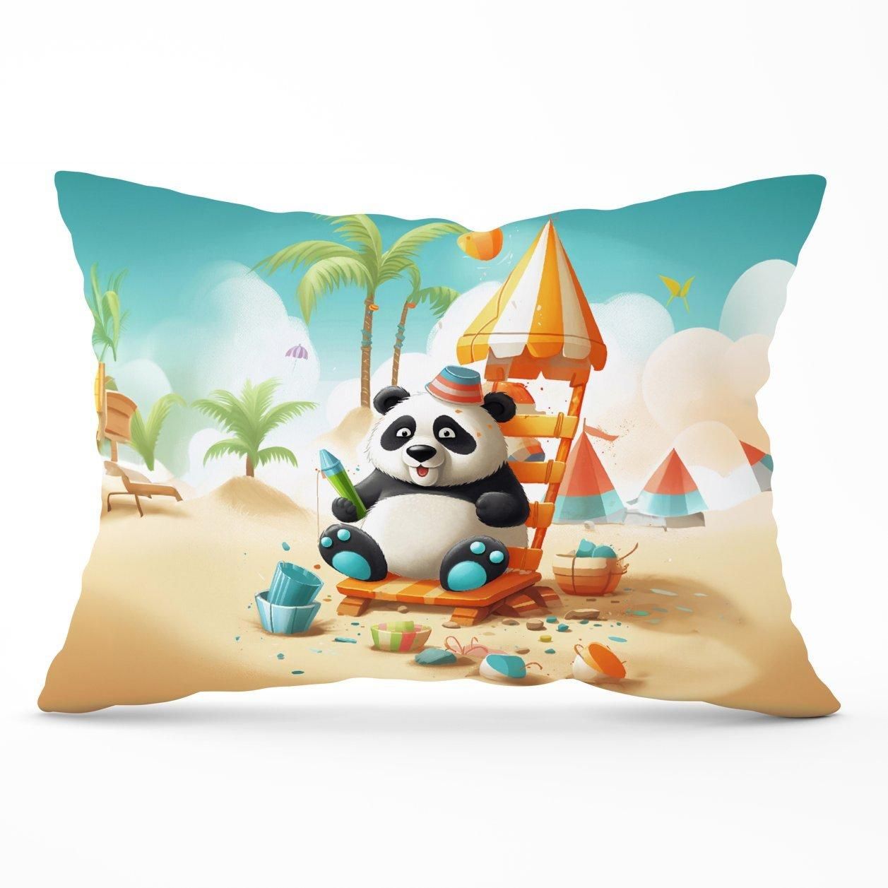Warren Reed - Designer Panda On A Beach Holiday Cushions in Yellow