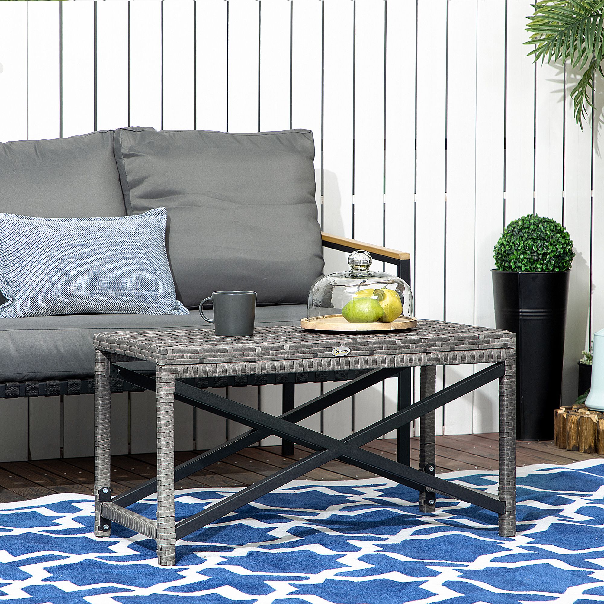 OUTSUNNY Outdoor Coffee Table, PE Rattan Side Table w/ Plastic Board in Grey