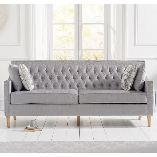 Ballark Fabric 3 Seater Sofa In Grey Plush And Natural Ash Legs