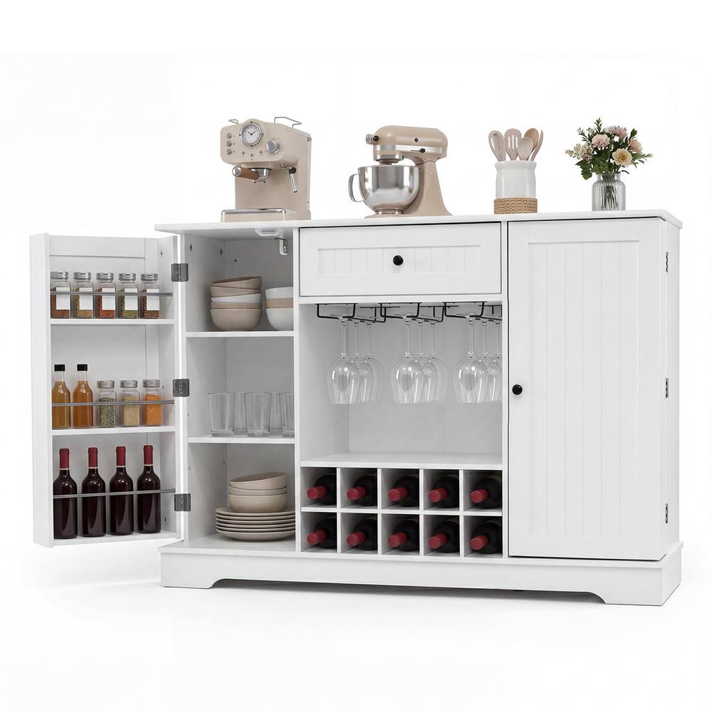 Costway 120 CM Kitchen Storage Cabinet with Door Shelves in White 2