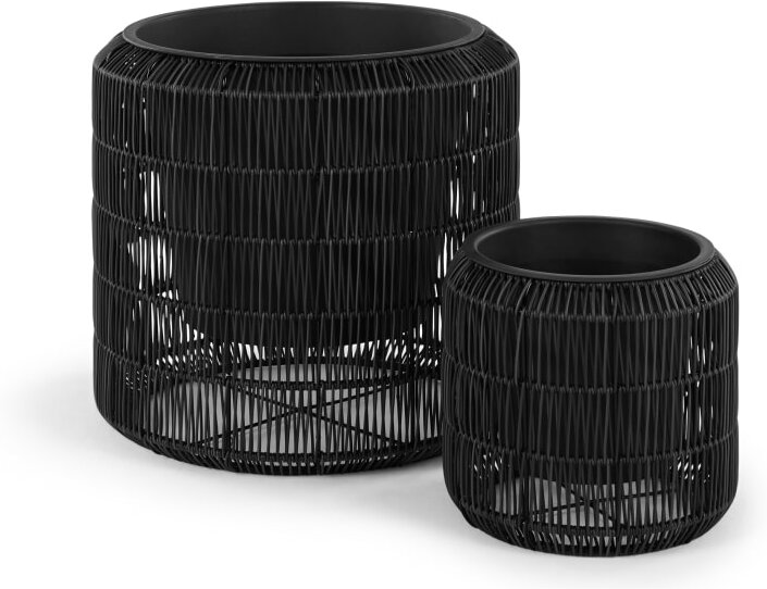 Nadda Set Of Two Round Polyrattan Plant Stands, Black