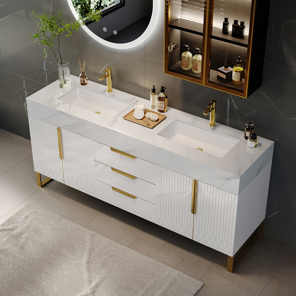150 cm Bathroom Vanity Freestanding Cultured Marble Top with Double Sink Drawers & Doors White
