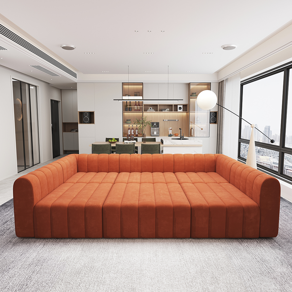 300 cm Velvet Convertible Modular Sectional Sofa Orange Upholstered 6-Seater Sofa Set