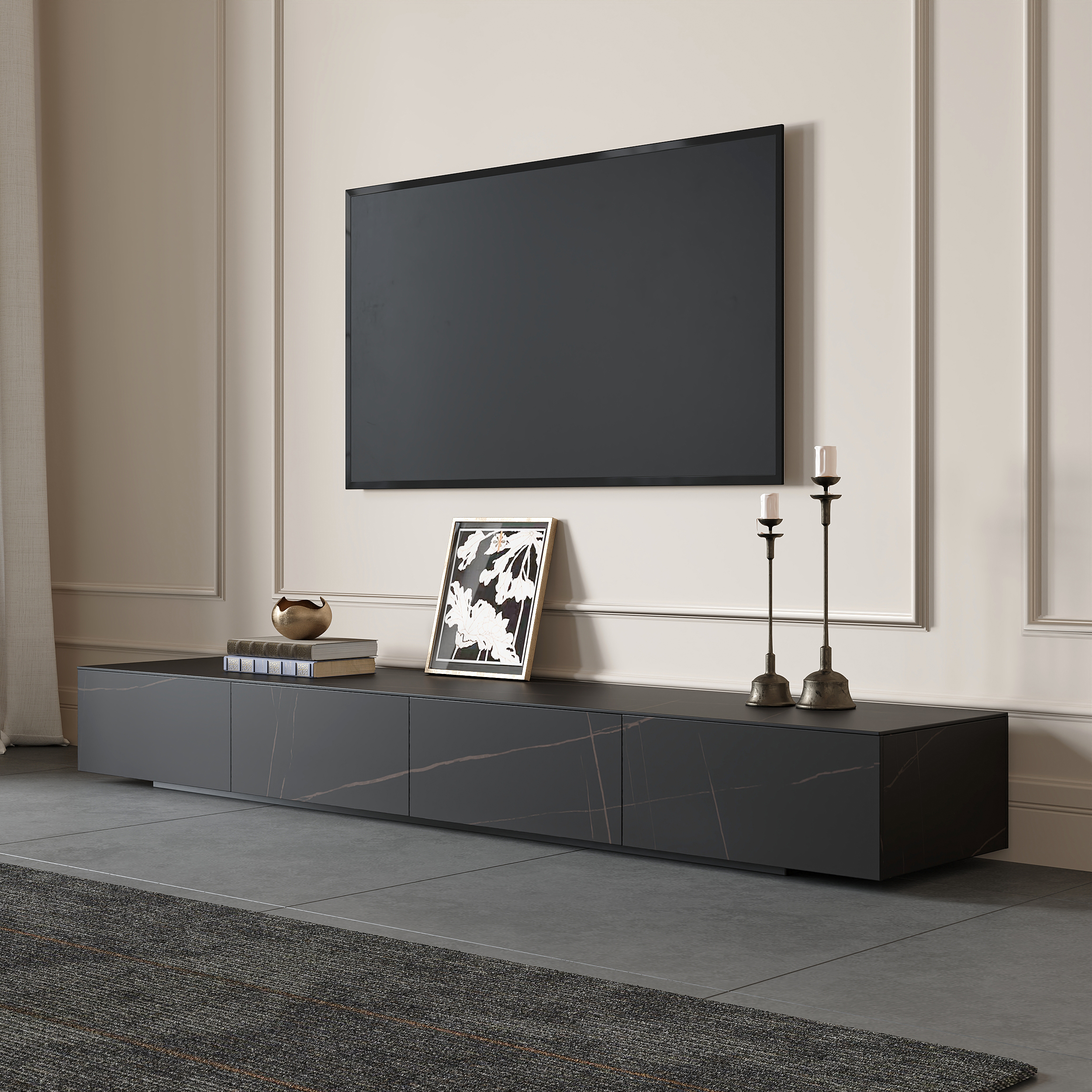 White 220 cm TV Stand Faux Marble with Storage
