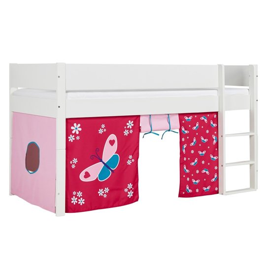 Huia Kids Mid Sleeper Bunk Bed In White And Butterfly Curtain