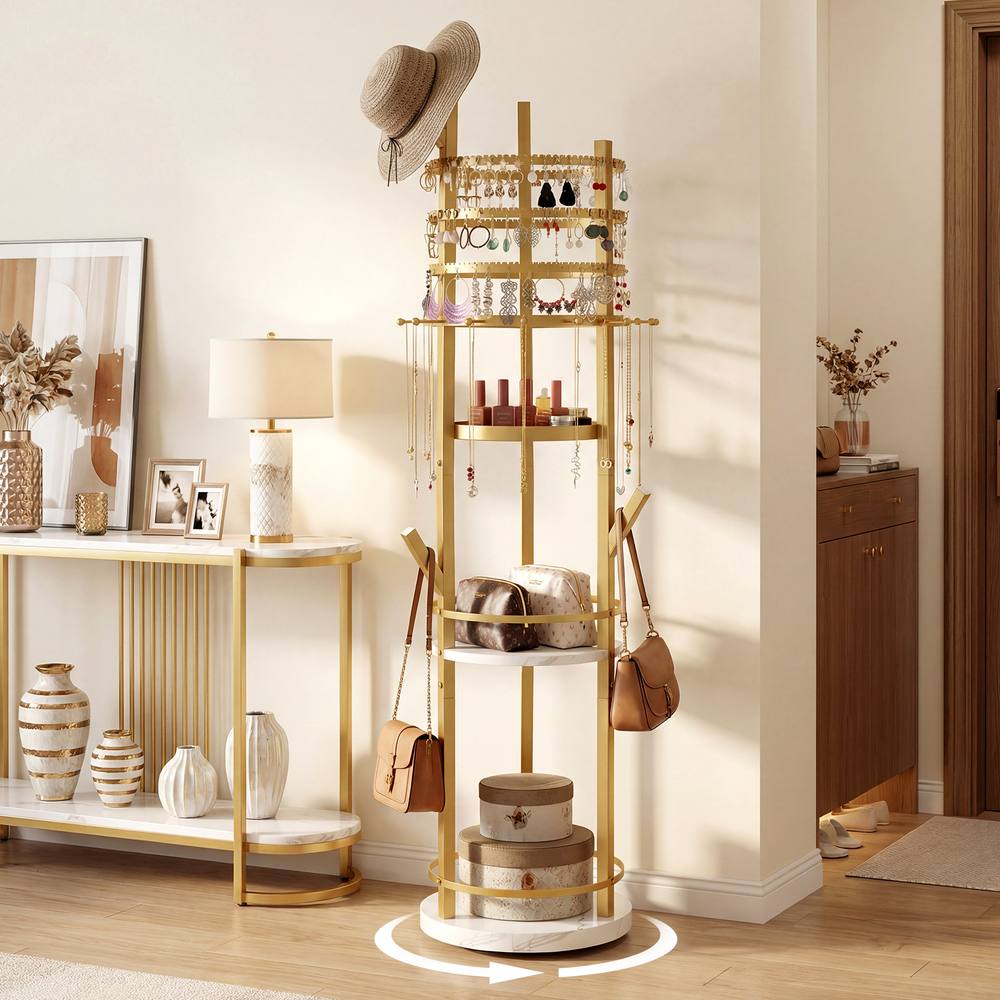 Costway Rotating Jewelry Stand Jewelry Display Tower w/Earring Necklace Holder in Gold