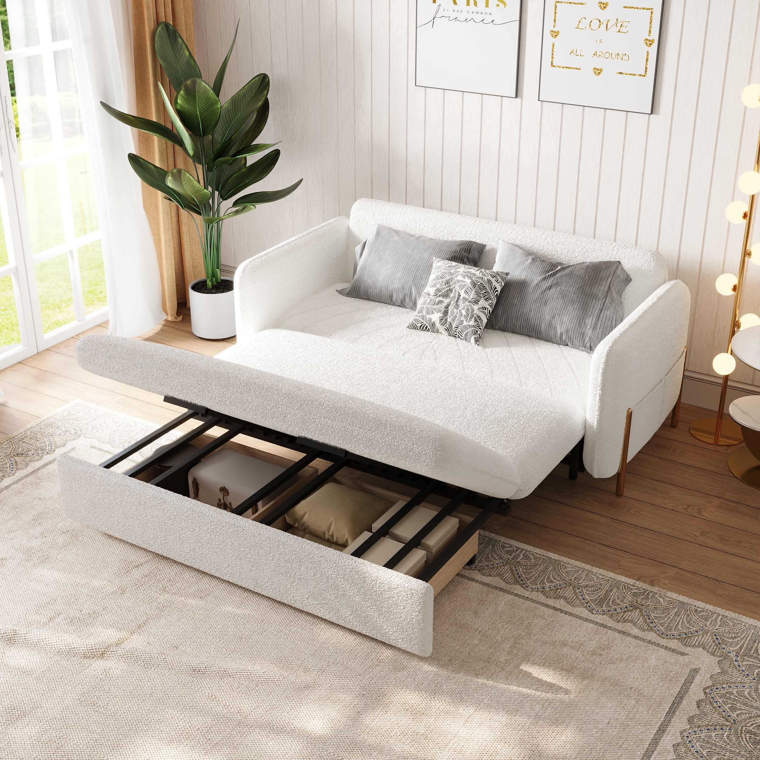 1524mm Queen 3-Seater Boucle Convertible Sleeper Sofa