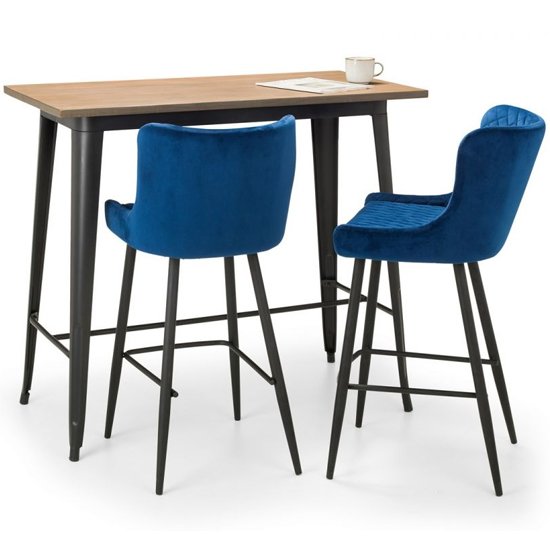 Grafton Wooden Bar Table In Mocha Elm With 2 Luxe Blue Bar Stools