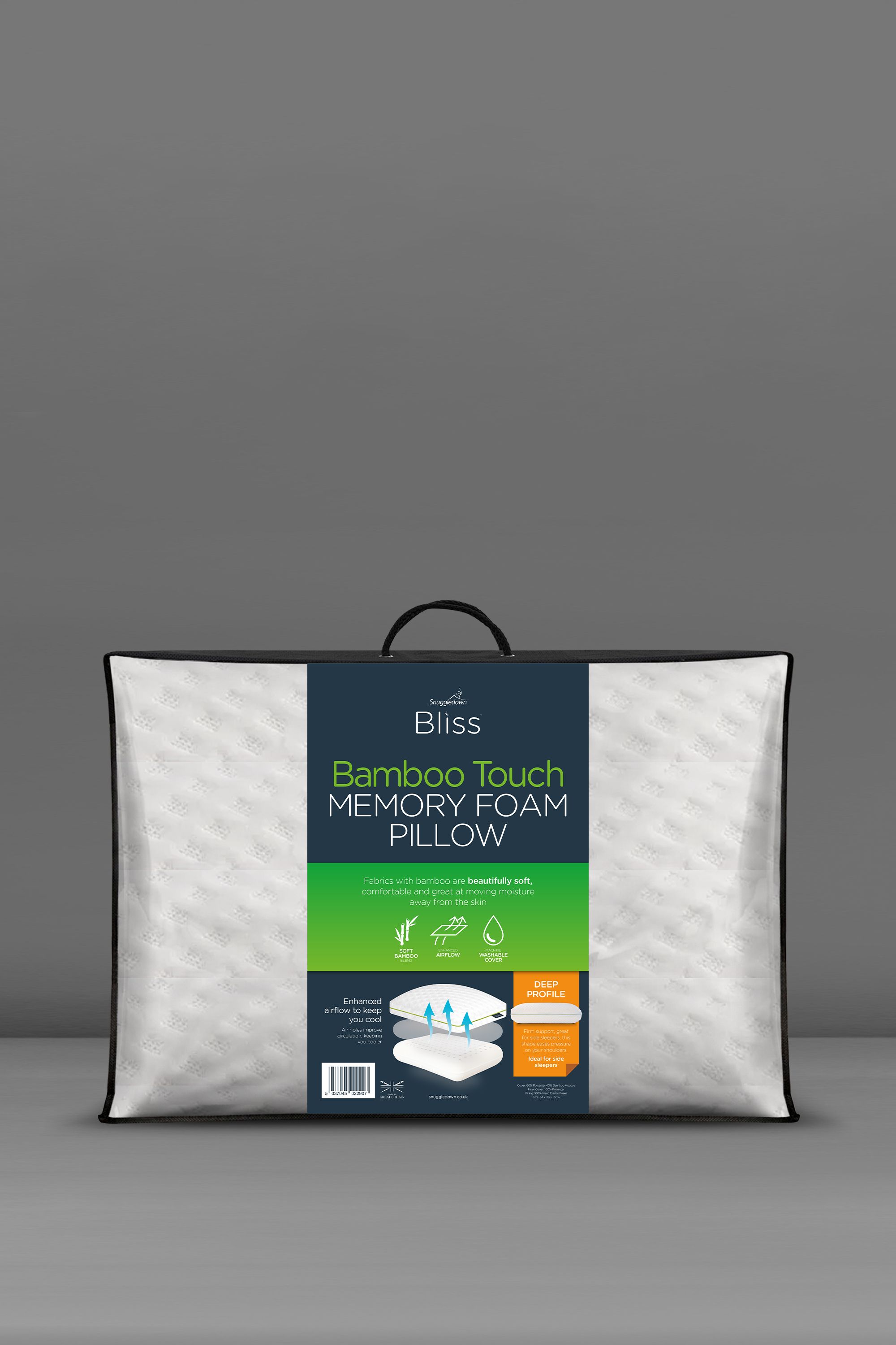 Snuggledown Single Bliss Bamboo Touch Memory Foam Deep Filled Side Sleeper Pillow in White