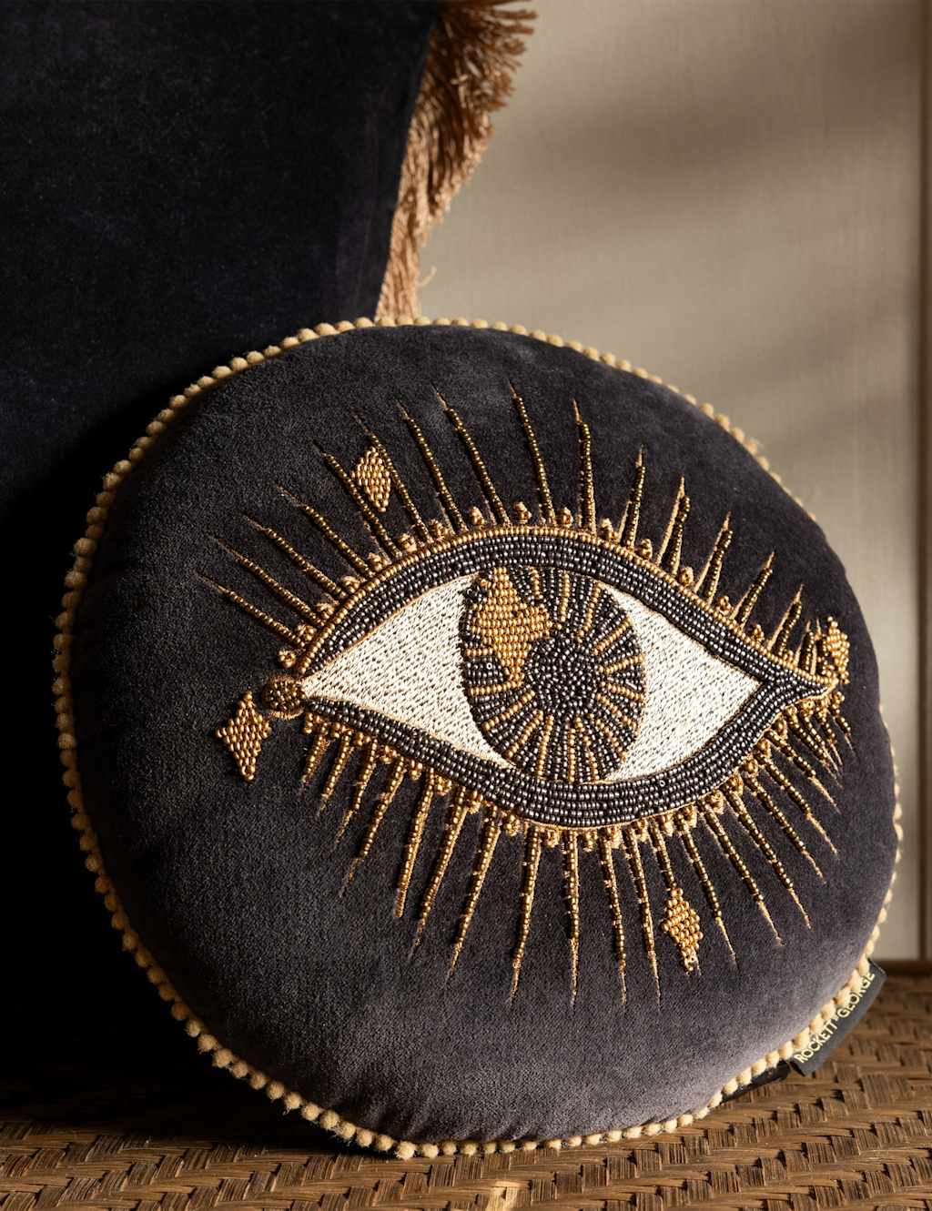 Rockett St George Beaded Eye Velvet Embellished Cushion Black Mix
