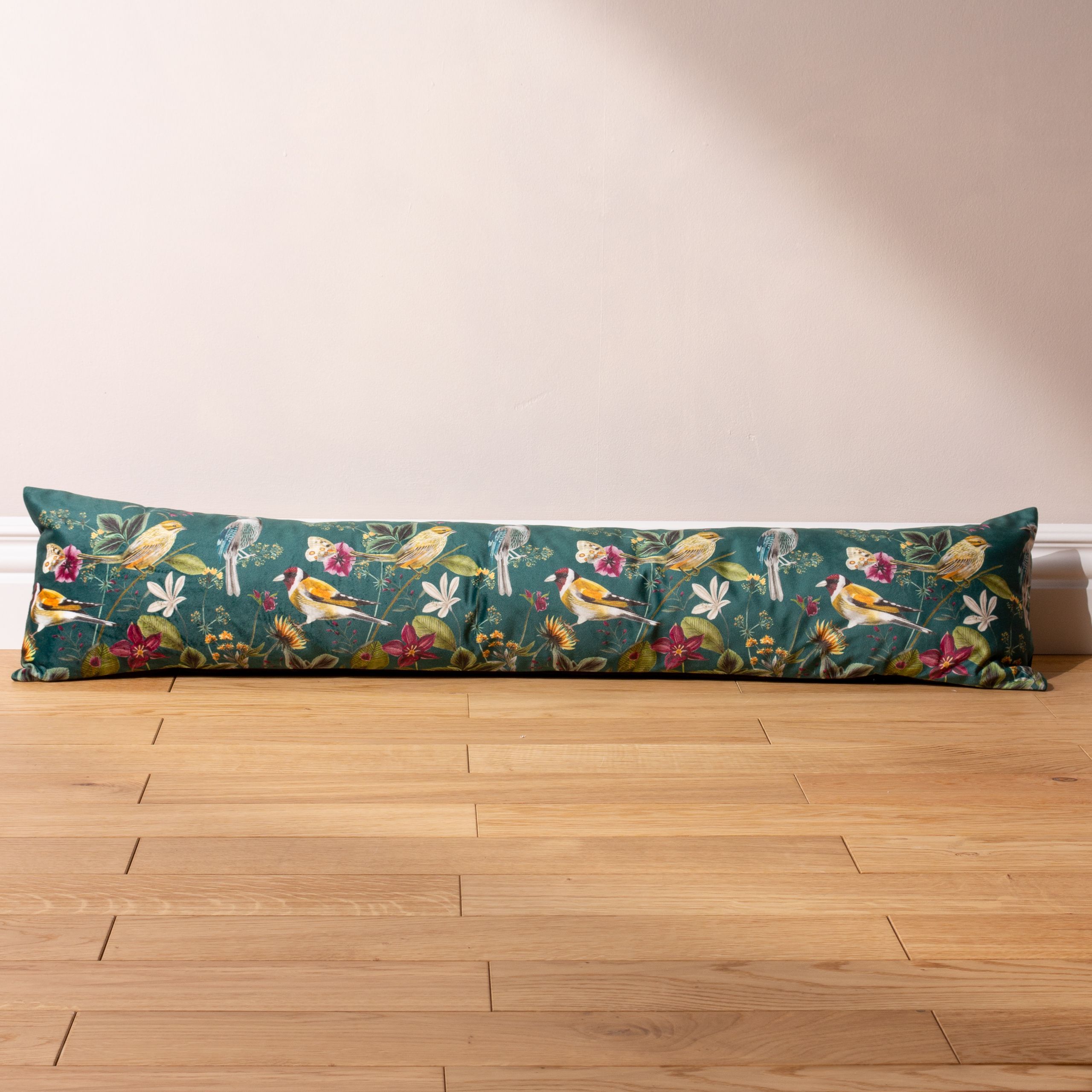 Wylder Nature Midnight Garden Birds Printed Velvet Draught Excluder in Teal