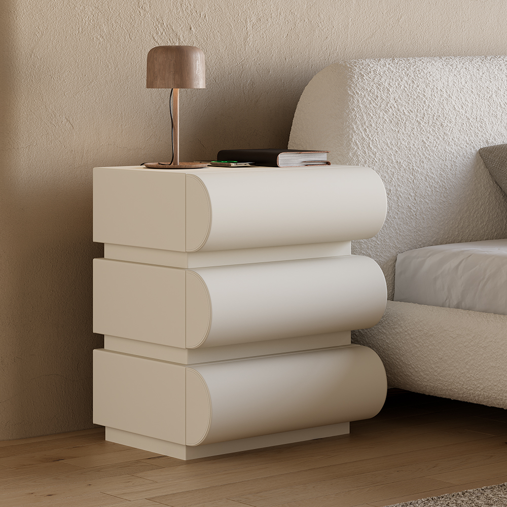 Modern White Leather Smart Bedside Table with Wireless Charger 3 Drawers Bedside Table with USB & Type-C Ports