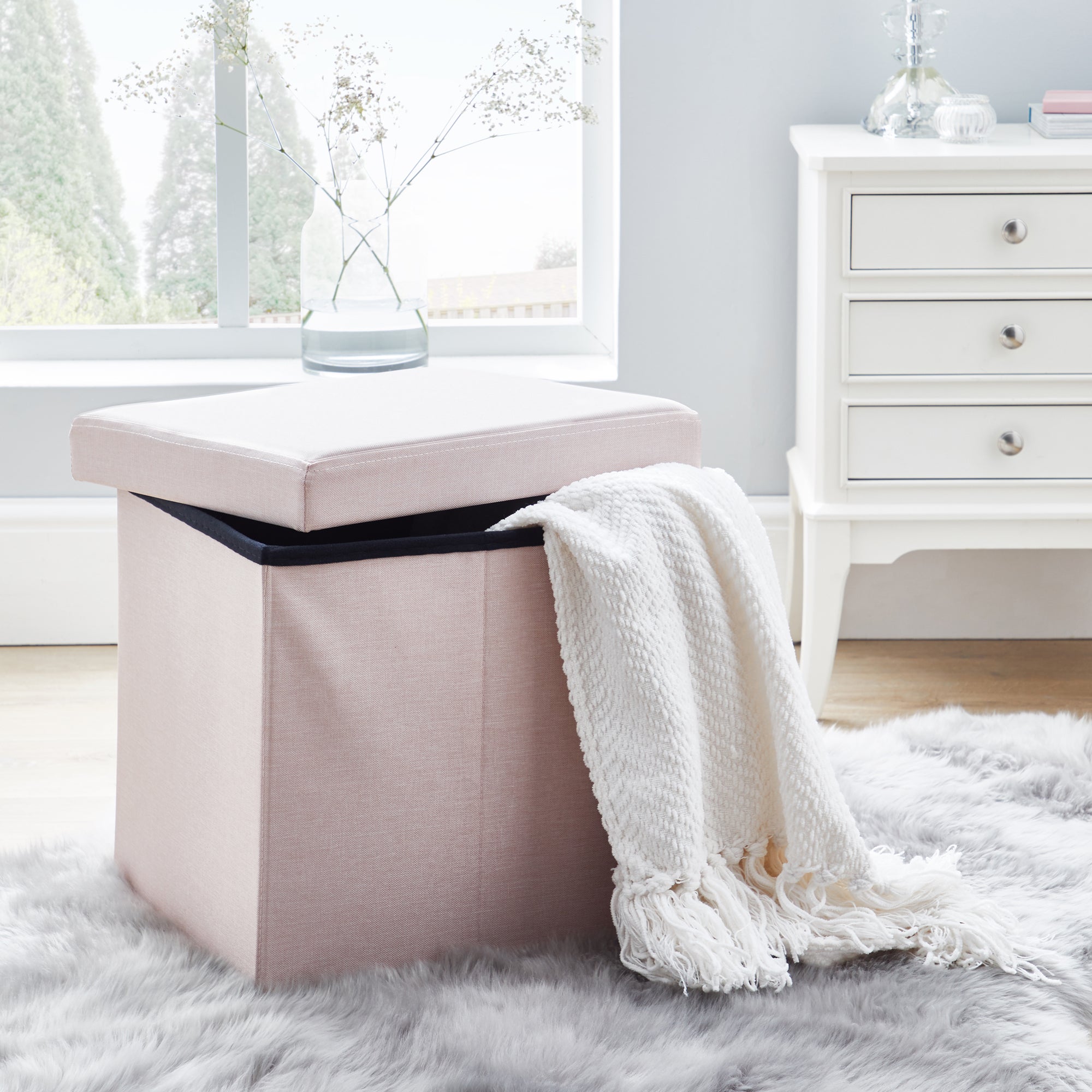 Faux Linen Blush Foldable Cube Ottoman Pink