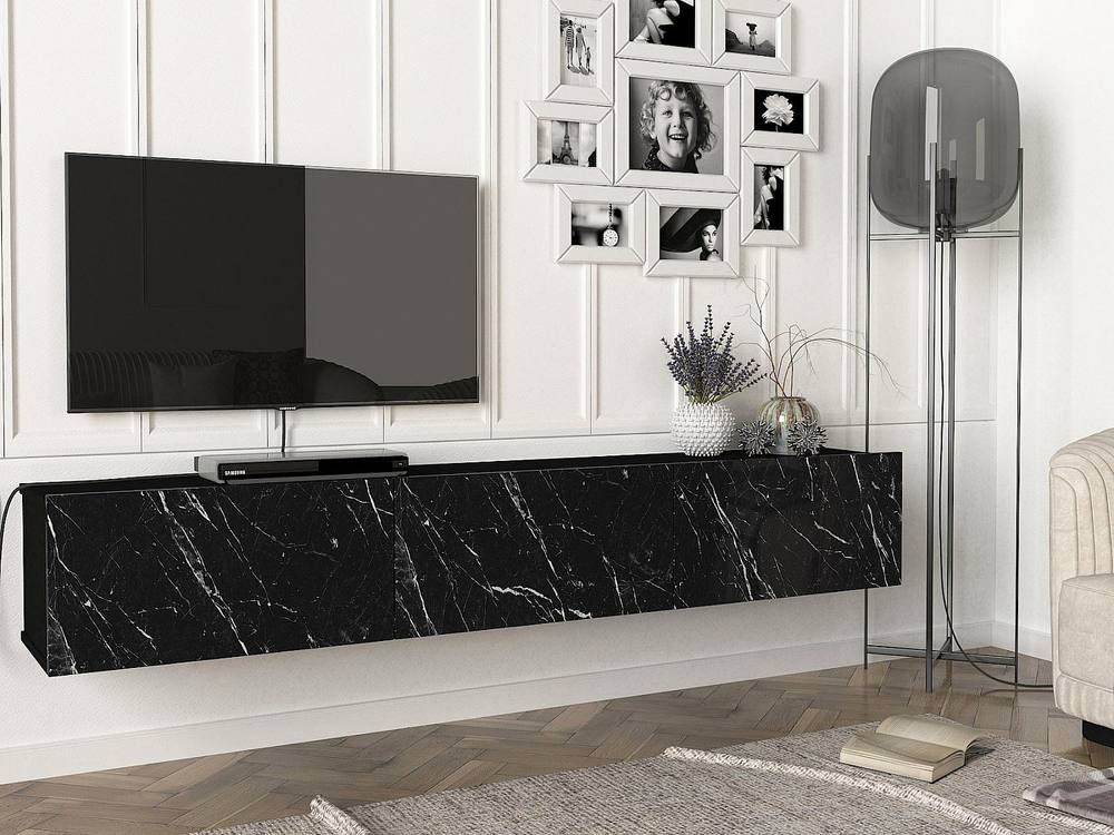 Vente-unique Wall - Mounted TV Unit With 3 Doors - Black Marble Effect - VIKILA