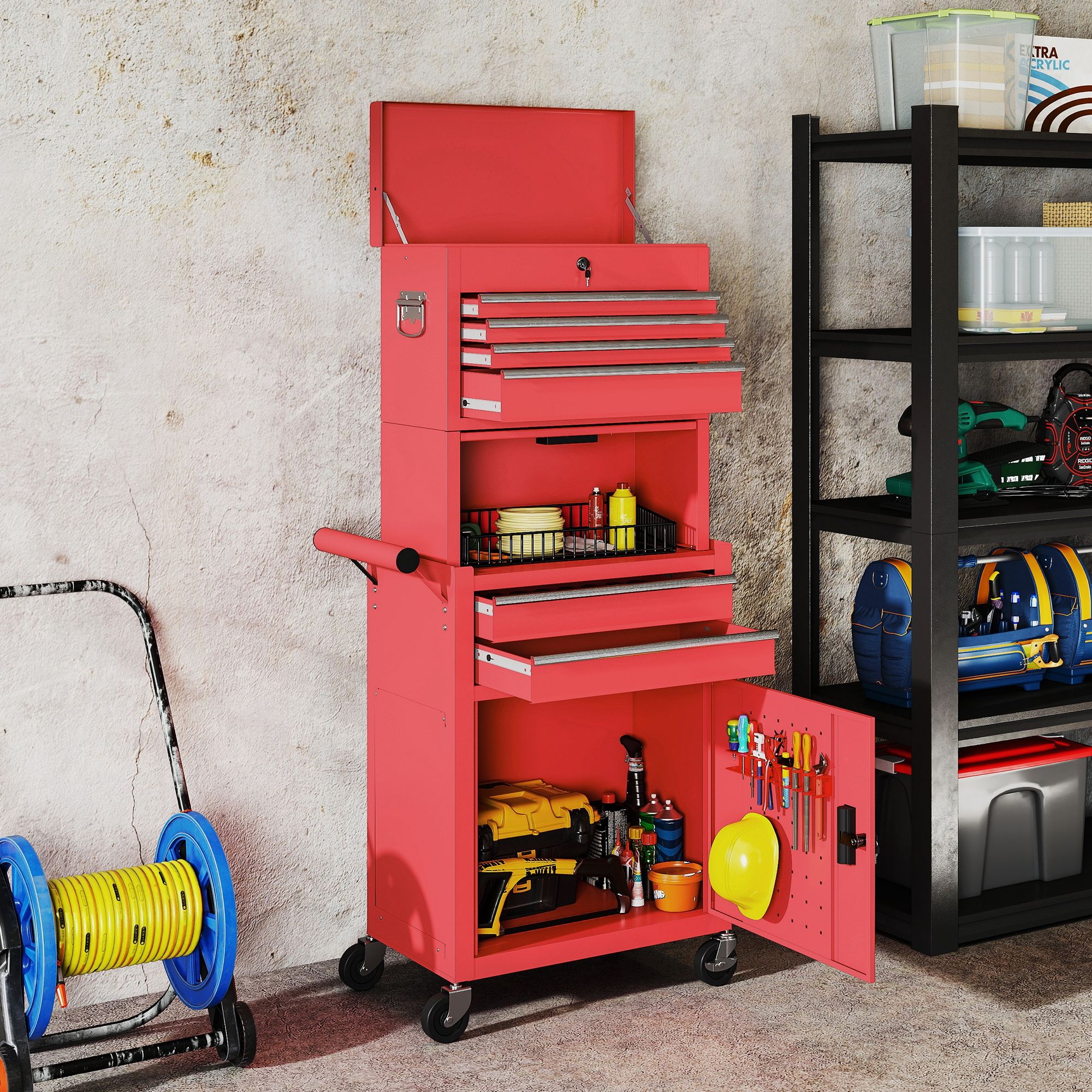 HOMCOM Tool Cabinet with 6 Drawers, 3-in-1 Rolling Tool Chest with Wheels in Red