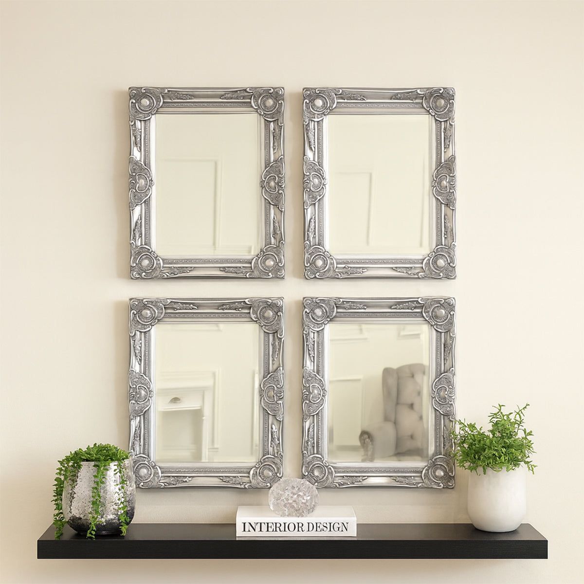 Melody Maison Set Of 4 Ornate Silver Wall Mirrors With Bevelled Glass in Metallic Silver