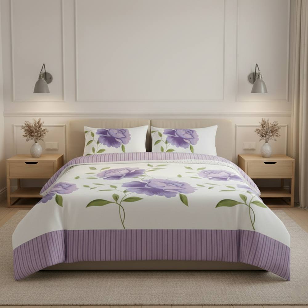 Snug City Reversible Floral Duvet Set Elegant Flower Stripe Pattern Bedding in Lilac