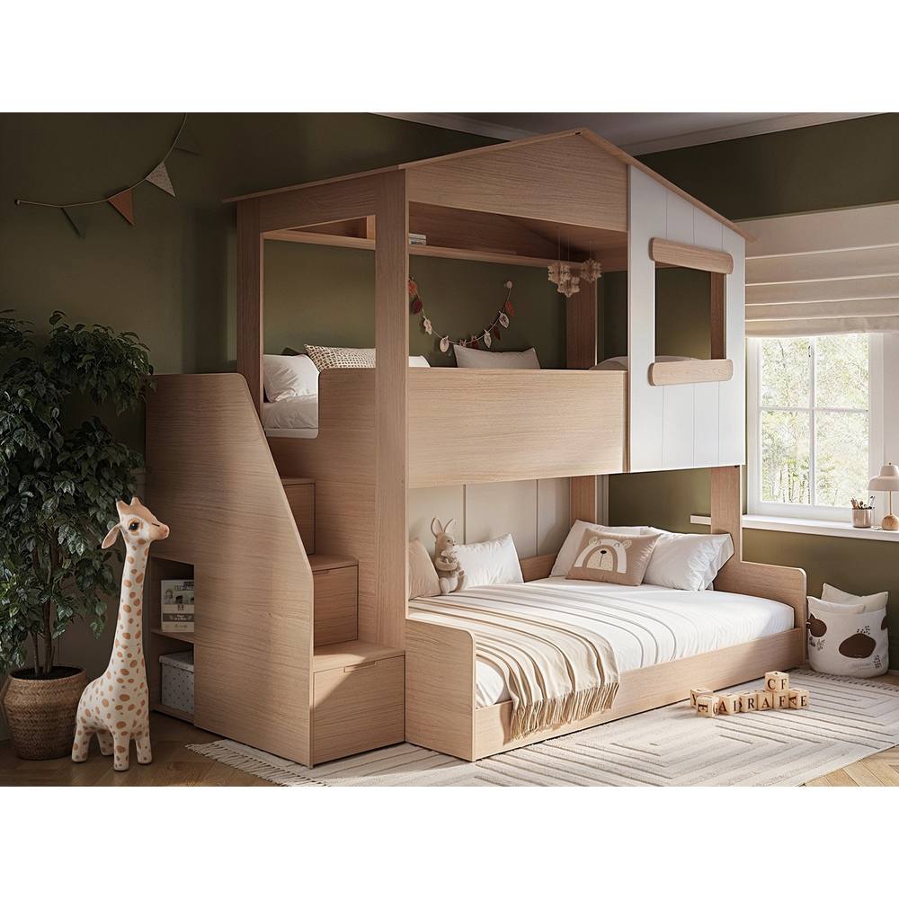 Flair Dreamland House Triple Bunk Bed with Staircase in Light Oak
