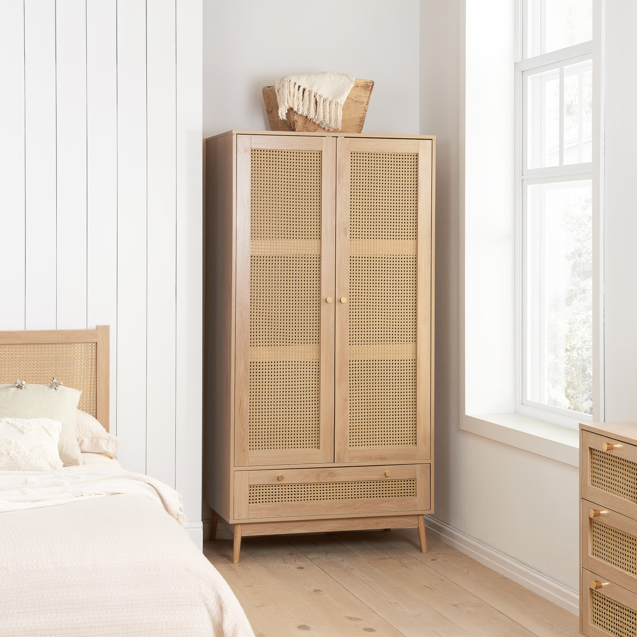 Croxley - 2 Door 1 Drawer Wardrobe - Oak - Rattan - Wooden - Happy Beds