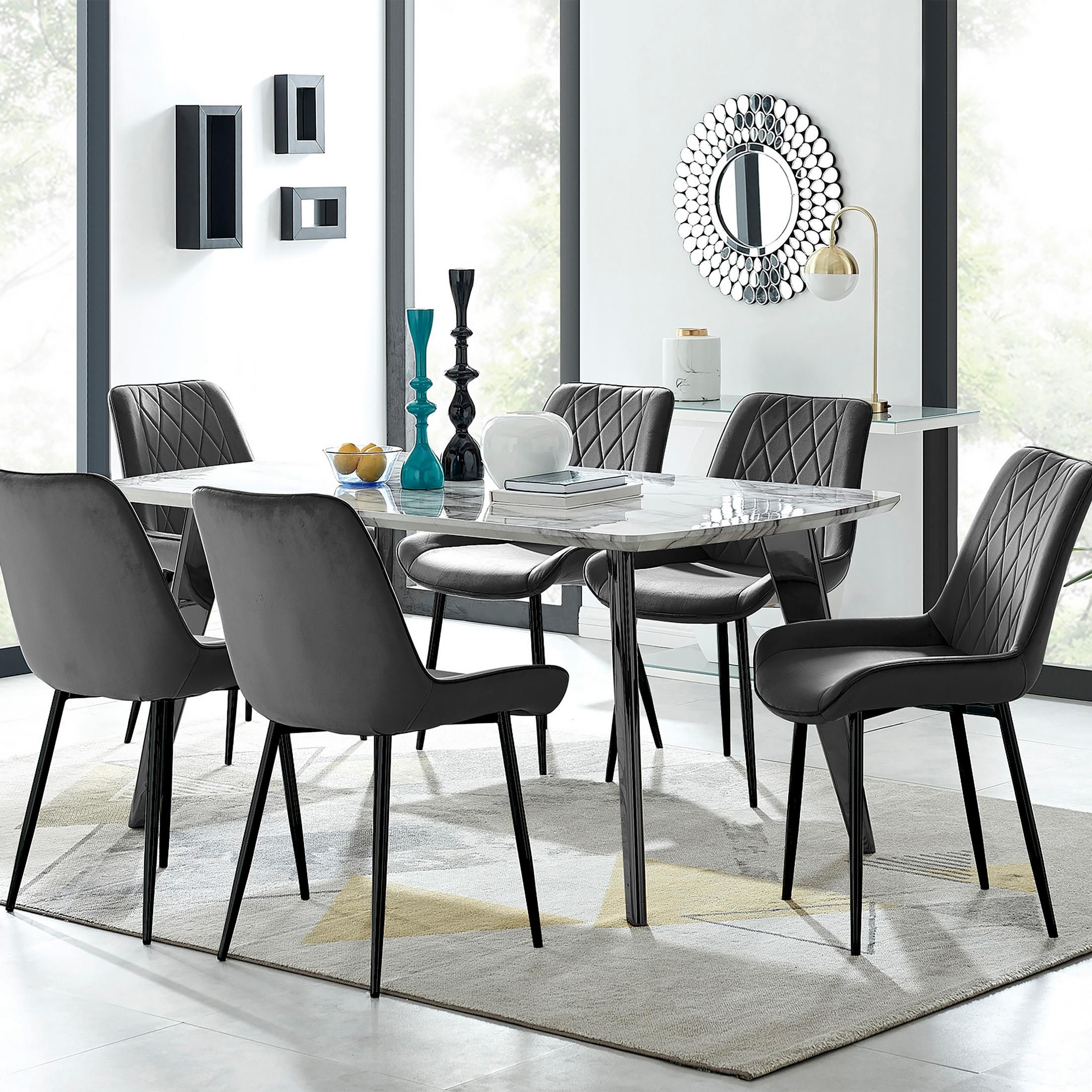 FurnitureboxUK Andria White Marble Effect & Black Leg 6 Seater Dining Table & 6 Pesaro Soft Velvet Chairs