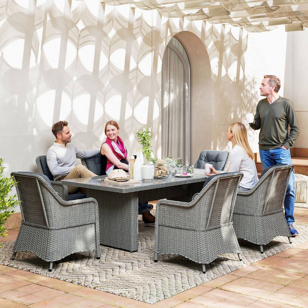 OUTSUNNY 6 Seater Rattan Dining Set with Glass Top Table & Cushions, Grey