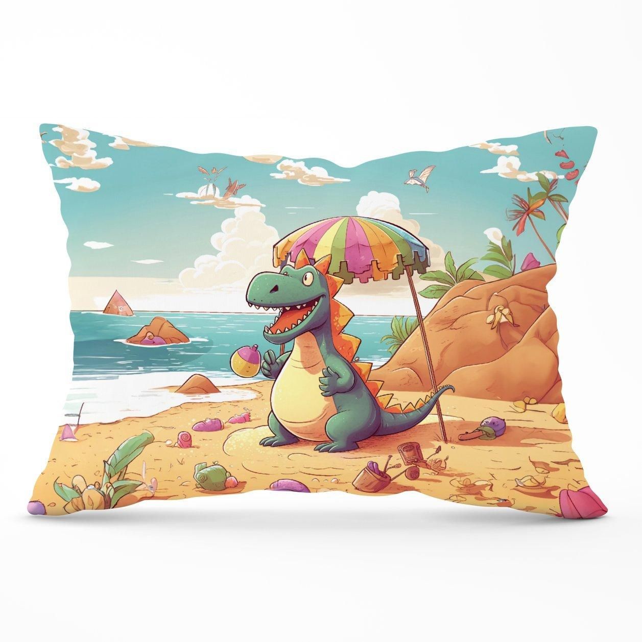 Warren Reed - Designer Dragon On A Beach Holiday Cushions in Yellow