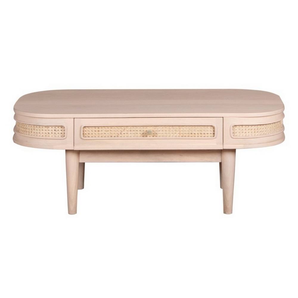 Indian Hub Valencia 1 Drawer Coffee Table - Cane & Mango Wood - L55xW115xH45 cm in Light Sand