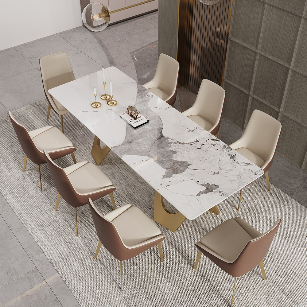 2000mm Contemporary Rectangle Dining Table in Gold for 8 Seaters with Stone Top